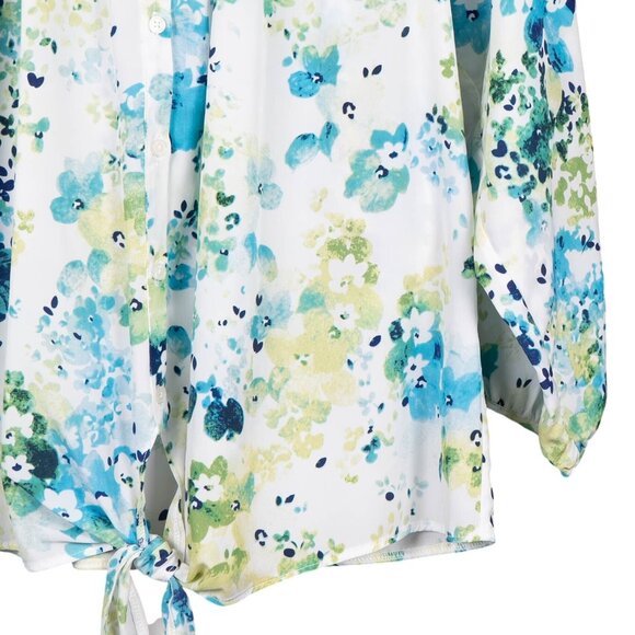 Cato Floral Blouse M Womens New Print Button Up Tie 3/4 Sleeve White Blue Green - Picture 3 of 7
